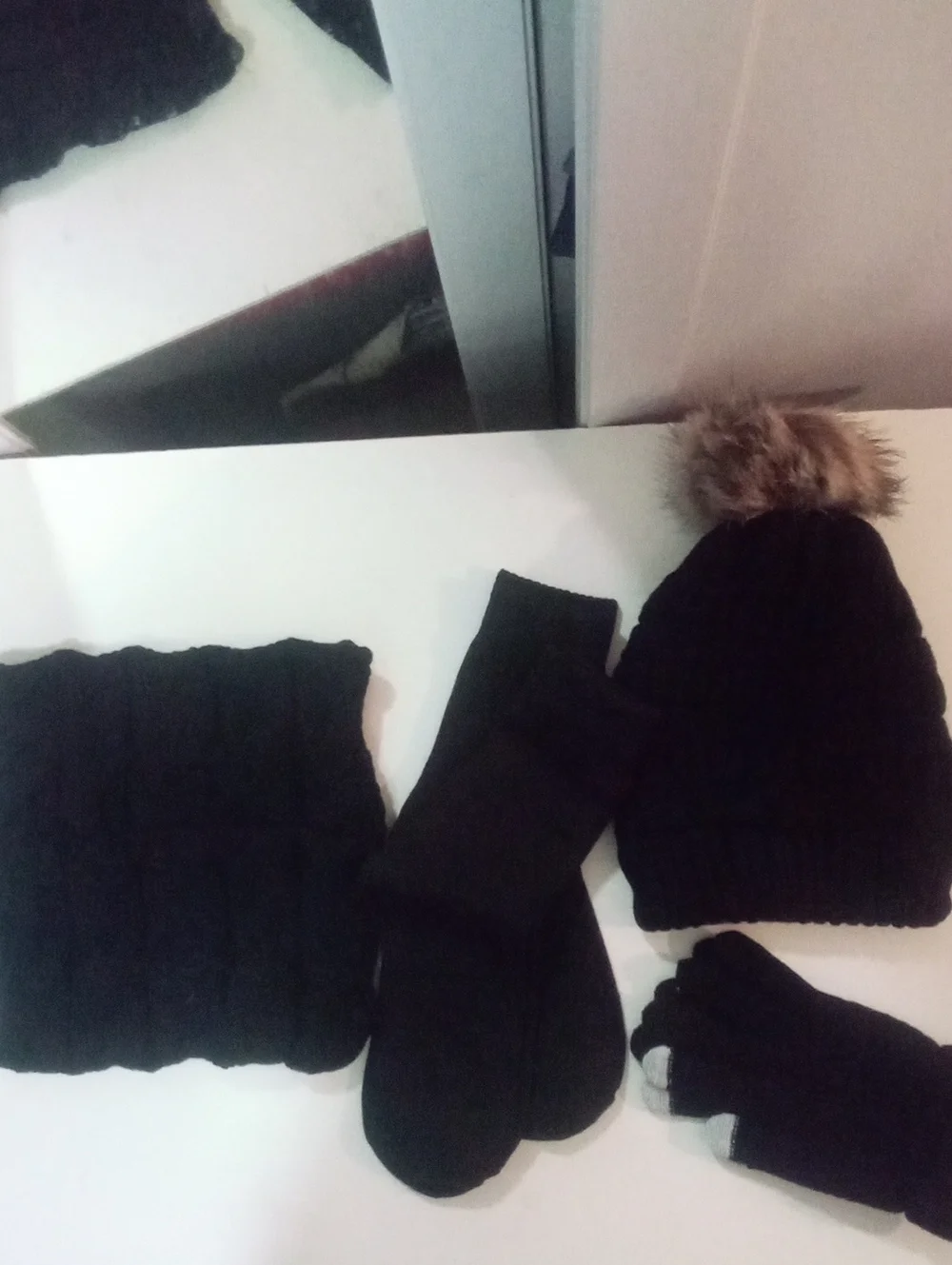 5 Piece Black Knit Winter Set  Faux Fur Beanie 2 Pr Socks Gloves Neck Warmer